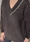 Kadın V Yaka Uzun Kollu Inci Detay Triko Bluz