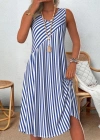 Kadın V Yakalı Askılı çizgili Midi örme Viskon Elbise