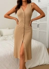 Kadın V Yakalı önden Düğmeli Kaşkorse Elbise