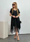 Kadın Viskon Kumaş Tül Detaylı Asimetrik Elbise