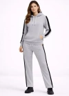 KADIN Yandan Şeritli Eşofman Takım Kapüşonlu weatshirt Boru Paça Alt, Oversize 3 Iplik Pamuklu  Gri