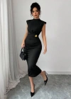 Kadın Yarı Balıkçı Yaka Kısa Kollu çicek Aksesuar Detaylı Midi Dalgıç Elbise