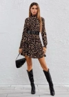 Kadın Yarım Balıkçı Yaka Uzun Kollu eopar Desen Mini Elbise