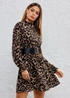 Kadın Yarım Balıkçı Yaka Uzun Kollu eopar Desen Mini Elbise