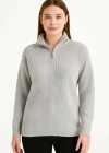 KADIN Yarım Fermuarlı Triko Kazak – Selanik Örgü, Dik Yaka, Pamuklu Dokuma, Regular Fit Uzun Kollu Kışlık odel  Gri
