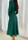 Kadın Yeşil Krep Kumaş idi Boy Kuşaklı Uzunkol Elbise