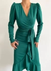 Kadın Yeşil Krep Kumaş idi Boy Kuşaklı Uzunkol Elbise