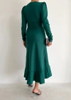 Kadın Yeşil Krep Kumaş idi Boy Kuşaklı Uzunkol Elbise