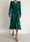 Kadın Yeşil Krep Kumaş idi Boy Kuşaklı Uzunkol Elbise