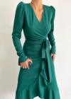 Kadın Yeşil Krep Kumaş idi Boy Kuşaklı Uzunkol Elbise