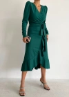 Kadın Yeşil Krep Kumaş idi Boy Kuşaklı Uzunkol Elbise