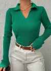 Kadın Yeşil Polo Yaka Parmak Detay Triko Bluz 2047
