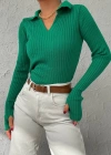 Kadın Yeşil Polo Yaka Parmak Detay Triko Bluz 2047