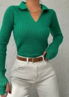 Kadın Yeşil Polo Yaka Parmak Detay Triko Bluz 2047