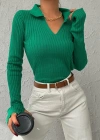 Kadın Yeşil Polo Yaka Parmak Detay Triko Bluz 2047