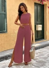 Kadın Yırtmaçlı Geniş Paça Pantolon astikli Kolsuz Bluz Takım