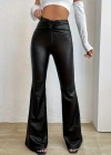 Kadın Yüksek Bel Beli Büzgülü Paçaya Doğru Geniş Deri Pantolon