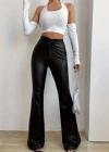 Kadın Yüksek Bel Beli Büzgülü Paçaya Doğru Geniş Deri Pantolon