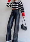 Kadın Yüksek Bel Beli Lastikli Geniş Paçalı Deri Pantolon