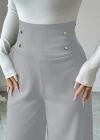 Kadın Yüksek Bel Düğmeli Geniş Paçalı Ithal Krep Pantolon