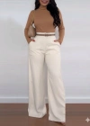 Kadın Yüksek Bel Geniş Paça Detaylı Cepli Ithal Krep Pantolon