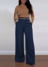 Kadın Yüksek Bel Geniş Paça Detaylı Cepli Ithal Krep Pantolon