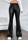 Kadın Yüksek Bel İspanyol Paça Likralı Deri Pantolon