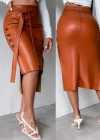 Kadın Yüksek Bel Kuşaklı Yanlardan Düğmeli Mini Deri Etek