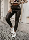 Kadın Yüksek Bel Lastikli Cepli Deri Pantolon