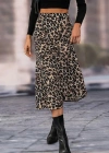 Kadın Yüksek Bel Leopar Desenli Midi Krep Etek
