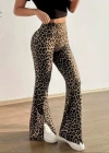 Kadın Yüksek Bel Leopar Desenli Yırtmaçlı Dalgıç Tayt