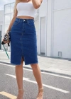 Kadın Yüksek Bel önden Yırtmaçlı Kısa Kot Etek
