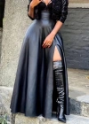 Kadın Yüksek Bel Uzun Yırtmaçlı Deri Etek