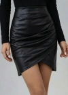 Kadın Yüksek Bel Yandan Fermuarlı Pileli Mini Deri Etek