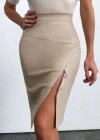 Kadın Yüksek Bel Yandan Fermuarlı Ve Yırtmaçlı Deri Etek