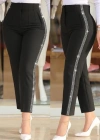 Kadın Yüksek Bel Yanlardan Taş Detaylı Ithal Krep Pantolon