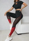 Kadın Yüksek Bel Yanlardan Tül Detaylı çift Renkli Spor Dalgıç Tayt