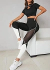 Kadın Yüksek Bel Yanlardan Tül Detaylı çift Renkli Spor Dalgıç Tayt