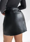 Kadın Yüksek Belli Yandan çivili Mini Deri Etek