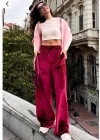 Kadın Yüksek Ben Beli astik Detay Kadife Kumaş Bol Paça Pantolon