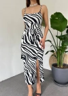 Kadın Zebra Baskılı Omuz Askılı ırt Dekolteli Yırtmaç Detay Elbise