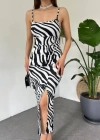 Kadın Zebra Baskılı Omuz Askılı ırt Dekolteli Yırtmaç Detay Elbise