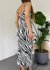 Kadın Zebra Baskılı Omuz Askılı ırt Dekolteli Yırtmaç Detay Elbise