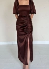 Kahverengi Büzgülü Saten Elbise