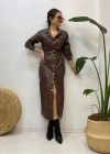 Kahverengi Kemerli Deri Elbise