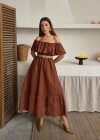 Kahverengi Omzu Lastikli Brode Elbise