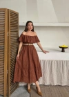 Kahverengi Omzu Lastikli Brode Elbise