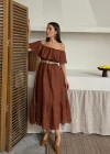 Kahverengi Omzu Lastikli Brode Elbise