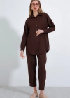 Kahverengi Oversize Keten Alt Üst Takım 6622