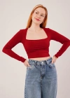 Kare Yaka Basic Bordo Bluz